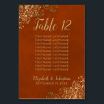 Gold Lace Chic Rust Orange Wedding Seating Chart Table Number<br><div class="desc">These beautiful table number cards feature a simple yet elegant design with gold script calligraphy on a marbled rust orange or burnt umber background with a frilly gold faux foil floral filigree in the corners. Each card has room for the names of 10 guests so they also function as a...</div>