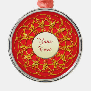 Gold Lace Circle White Circle With Text on Red Metal Ornament