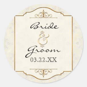 Gold & Lace Classic Formal Elegant Wedding Invite Round Sticker