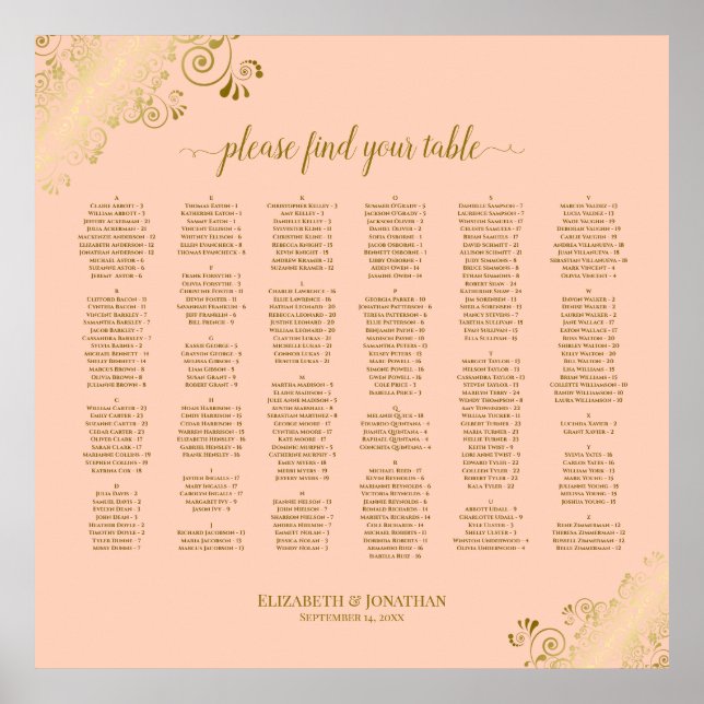 Gold Lace Coral Peach Alphabetical Seating Chart (Front)