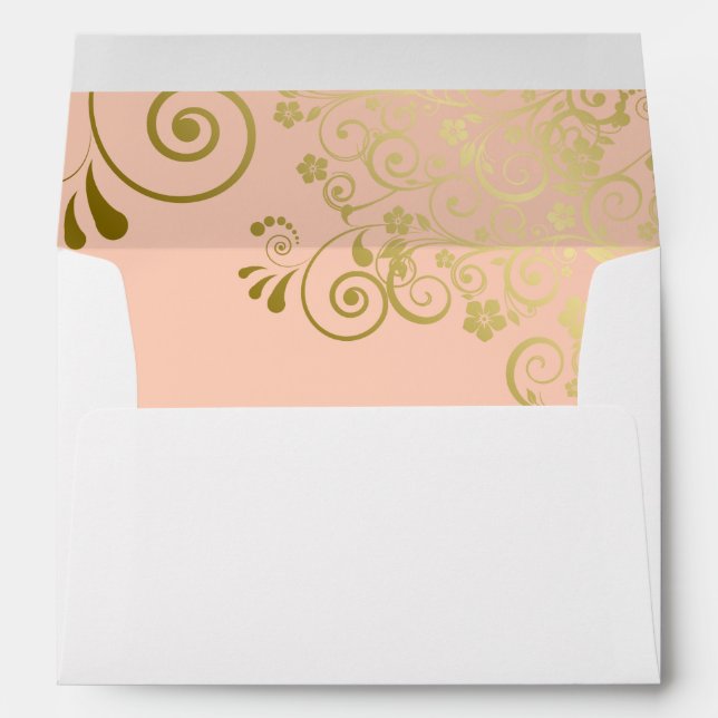 Gold Lace Coral Peach Inside Elegant White Wedding Envelope (Back (Bottom))