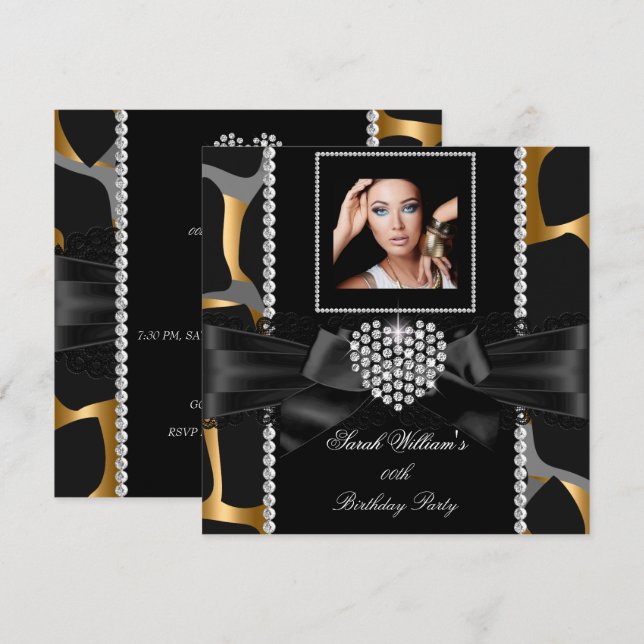 Gold Lace Diamond Heart Wild Birthday Party Photo Invitation (Front/Back)