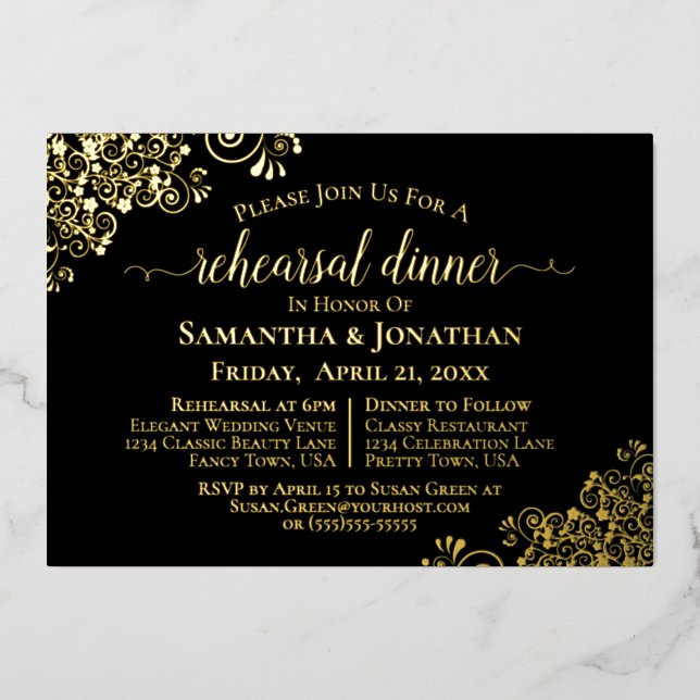 Gold Lace Elegant Black Wedding Rehearsal Dinner (Front)