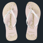 Gold Lace Elegant Blush Pink Bridesmaid Wedding Flip Flops<br><div class="desc">These elegant wedding flip flops are a great way to thank and recognize your bridesmaids, while giving their feet a rest after a long day. The beautiful design features an elegant design with golden lace frills on a pale blush pink coloured background and fancy gold coloured script lettering. The text...</div>