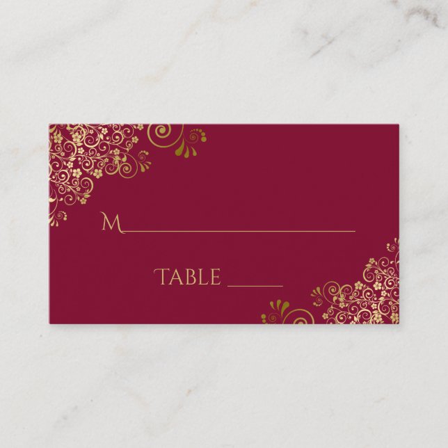 Gold Lace Elegant Burgundy Wedding Escort Card (Front)