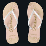 Gold Lace Elegant Coral Peach Bridesmaid Wedding Flip Flops<br><div class="desc">These elegant wedding flip flops are a great way to thank and recognize your bridesmaids, while giving their feet a rest after a long day. The beautiful design features an elegant design with golden lace frills on a pale orange or coral peach coloured background and fancy gold coloured script lettering....</div>