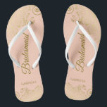 Gold Lace Elegant Coral Peach Bridesmaid Wedding Flip Flops<br><div class="desc">These elegant wedding flip flops are a great way to thank and recognize your bridesmaids, while giving their feet a rest after a long day. The beautiful design features an elegant design with golden lace frills on a pale orange or coral peach coloured background and fancy gold coloured script lettering....</div>