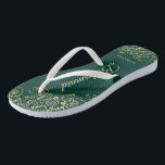 Gold Lace Elegant Emerald Green Bridesmaid Wedding Flip Flops<br><div class="desc">These elegant wedding flip flops are a great way to thank and recognize your bridesmaids, while giving their feet a rest after a long day. The beautiful design features an elegant design with golden lace frills on an emerald green background and fancy gold coloured script lettering. The text reads Bridesmaid...</div>