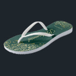Gold Lace Elegant Emerald Green Bridesmaid Wedding Flip Flops<br><div class="desc">These elegant wedding flip flops are a great way to thank and recognize your bridesmaids, while giving their feet a rest after a long day. The beautiful design features an elegant design with golden lace frills on an emerald green background and fancy gold coloured script lettering. The text reads Bridesmaid...</div>