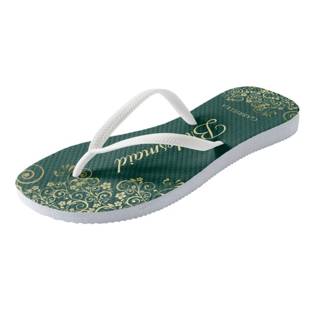 Gold Lace Elegant Emerald Green Bridesmaid Wedding Flip Flops (Angled)