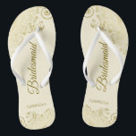 Gold Lace Elegant Ivory Cream Bridesmaid Wedding Flip Flops<br><div class="desc">These elegant wedding flip flops are a great way to thank and recognize your bridesmaids, while giving their feet a rest after a long day. The beautiful design features an elegant design with golden lace frills on an ivory or cream coloured background and fancy gold coloured script lettering. The text...</div>