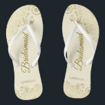 Gold Lace Elegant Ivory Cream Bridesmaid Wedding Flip Flops<br><div class="desc">These elegant wedding flip flops are a great way to thank and recognize your bridesmaids, while giving their feet a rest after a long day. The beautiful design features an elegant design with golden lace frills on an ivory or cream coloured background and fancy gold coloured script lettering. The text...</div>