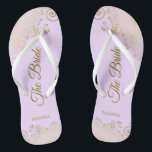 Gold Lace Elegant Lilac Purple Bridesmaid Wedding Flip Flops<br><div class="desc">These elegant wedding flip flops are a great way to thank and recognize your bridesmaids, while giving their feet a rest after a long day. The beautiful design features an elegant design with golden lace frills on a pale purple, lavender, or lilac coloured background and fancy gold coloured script lettering....</div>