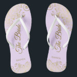 Gold Lace Elegant Lilac Purple Bridesmaid Wedding Flip Flops<br><div class="desc">These elegant wedding flip flops are a great way to thank and recognize your bridesmaids, while giving their feet a rest after a long day. The beautiful design features an elegant design with golden lace frills on a pale purple, lavender, or lilac coloured background and fancy gold coloured script lettering....</div>