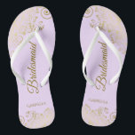 Gold Lace Elegant Lilac Purple Bridesmaid Wedding Flip Flops<br><div class="desc">These elegant wedding flip flops are a great way to thank and recognize your bridesmaids, while giving their feet a rest after a long day. The beautiful design features an elegant design with golden lace frills on a lilac, lavender, or pale purple coloured background and fancy gold coloured script lettering....</div>