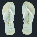 Gold Lace Elegant Mint Green Bridesmaid Wedding Flip Flops<br><div class="desc">These elegant wedding flip flops are a great way to thank and recognize your bridesmaids, while giving their feet a rest after a long day. The beautiful design features an elegant design with golden lace frills on a pale neo mint green coloured background and fancy gold coloured script lettering. The...</div>