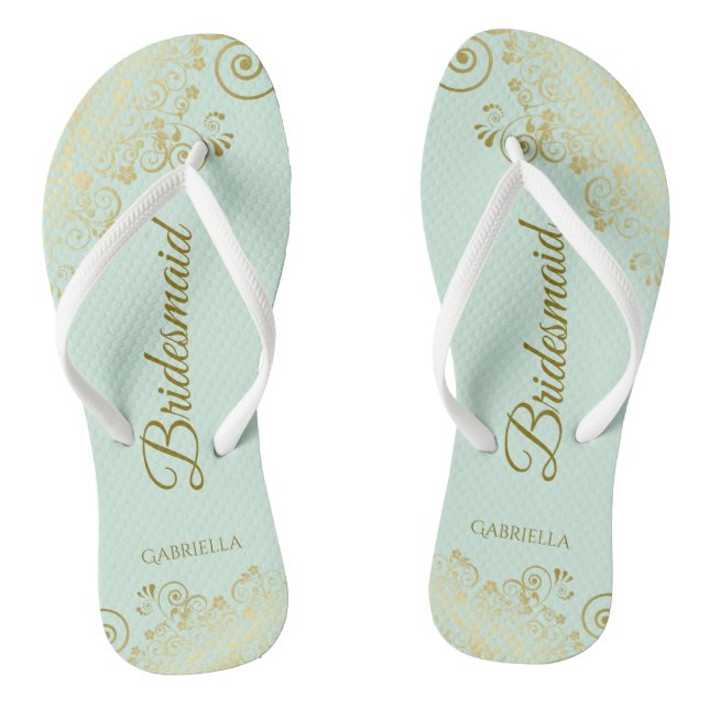 Gold Lace Elegant Mint Green Bridesmaid Wedding Flip Flops (Footbed)