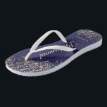 Gold Lace Elegant Navy Blue Bridesmaid Wedding Flip Flops<br><div class="desc">These elegant wedding flip flops are a great way to thank and recognize your bridesmaids, while giving their feet a rest after a long day. The beautiful design features an elegant design with golden lace frills on a navy blue background and fancy gold coloured script lettering. The text reads Bridesmaid...</div>
