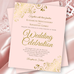 Gold Lace Elegant Pink Budget Wedding Invitation