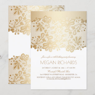 Gold Lace Elegant Vintage White Birthday Party Invitation