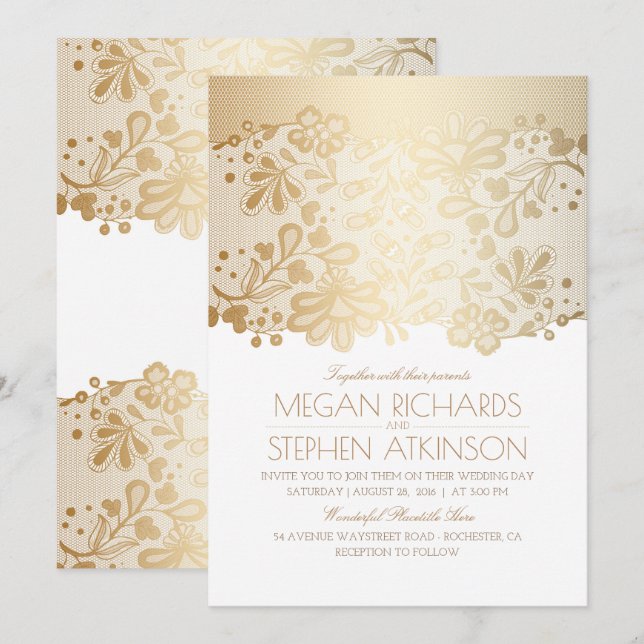 Gold Lace Elegant Vintage White Wedding Invitation (Front/Back)