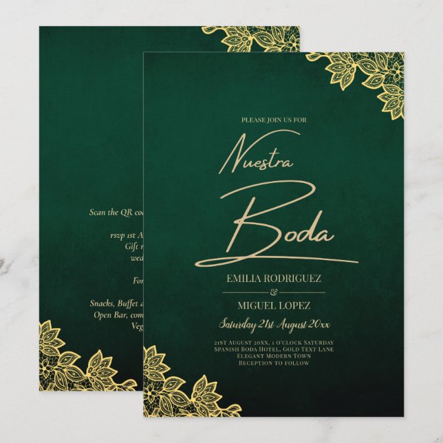 Gold Lace Emerald Green All-in-1 Wedding Invite QR (Front/Back)
