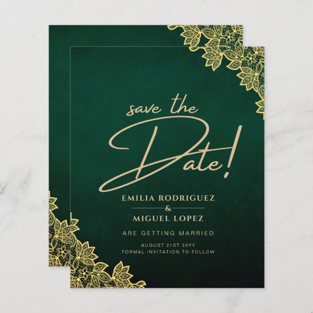 Gold Lace Emerald Green All-in-1 Wedding Invite QR (Front/Back)