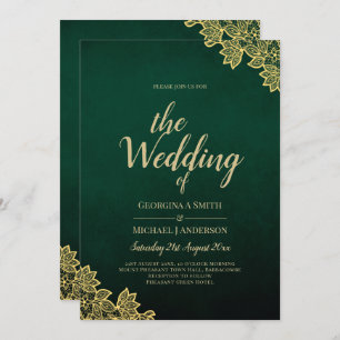 Gold Lace Emerald Green All-in-1 Wedding Invite QR
