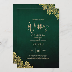 Gold Lace Emerald Green All-in-1 Wedding Invite QR