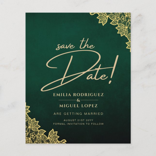 Gold Lace Emerald Green All-in-1 Wedding Invite QR Flyer (Front)