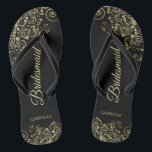 Gold Lace Frills Elegant Black Bridesmaid Wedding Flip Flops<br><div class="desc">These elegant wedding flip flops are a great way to thank and recognize your bridesmaids, while giving their feet a rest after a long day. The beautiful design features an elegant design with golden lace frills on a classic black background and fancy gold coloured script lettering. The text reads Bridesmaid...</div>