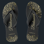 Gold Lace Frills Elegant Black Bridesmaid Wedding Flip Flops<br><div class="desc">These elegant wedding flip flops are a great way to thank and recognize your bridesmaids, while giving their feet a rest after a long day. The beautiful design features an elegant design with golden lace frills on a classic black background and fancy gold coloured script lettering. The text reads Bridesmaid...</div>