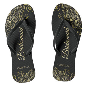 Gold Lace Frills Elegant Black Bridesmaid Wedding Flip Flops
