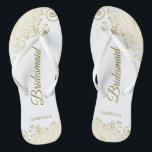 Gold Lace Frills Elegant White Bridesmaid Wedding Flip Flops<br><div class="desc">These elegant wedding flip flops are a great way to thank and recognize your bridesmaids, while giving their feet a rest after a long day. The beautiful design features an elegant design with golden lace frills on a white background and fancy gold coloured script lettering. The text reads Bridesmaid with...</div>