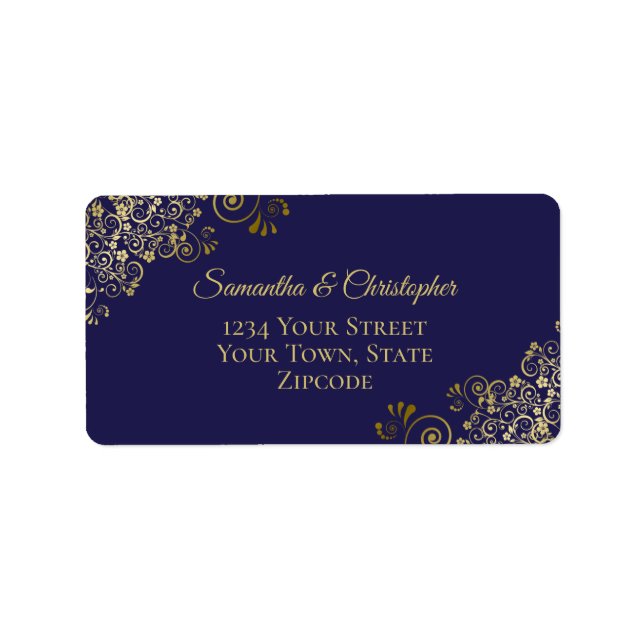 Gold Lace Frills on Navy Blue Wedding Address Label (Front)