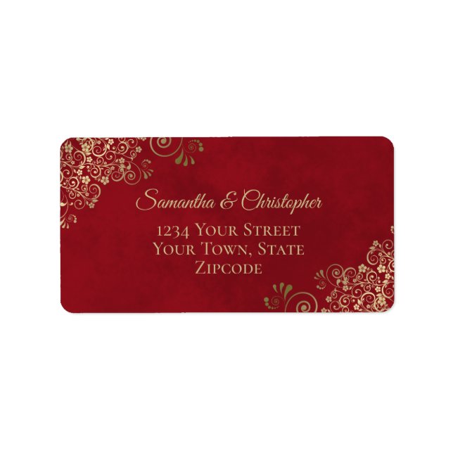Gold Lace Frills on Red Elegant Wedding Address Label (Front)