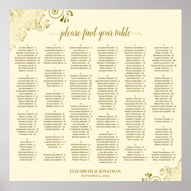 Gold Lace Ivory Cream Alphabetical Seating Chart (Front)