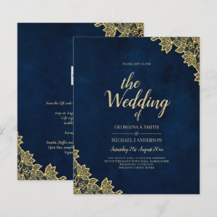 Gold Lace Navy Blue All-in-1 Wedding Invites QR Co