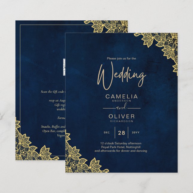 Gold Lace Navy Blue All-in-1 Wedding Invites QR Co (Front/Back)