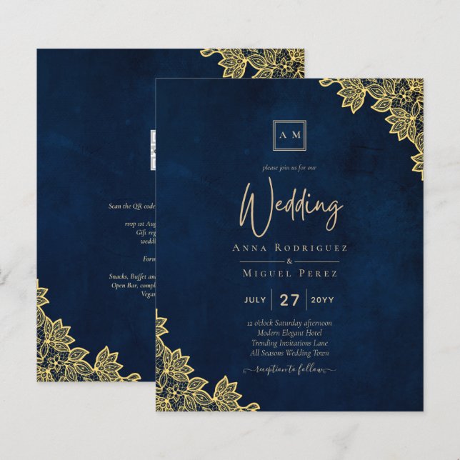 Gold Lace Navy Blue All-in-1 Wedding Invites QR Co (Front/Back)
