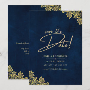 Gold Lace Navy Blue All-in-1 Wedding Invites QR Co