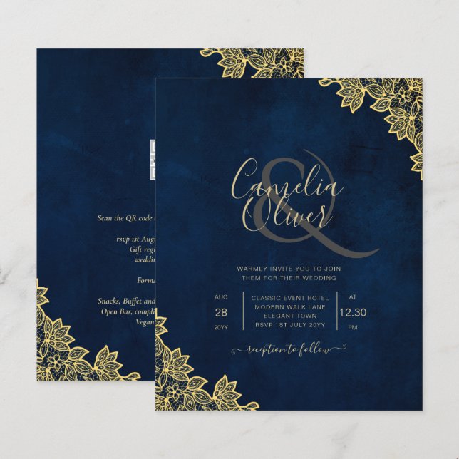Gold Lace Navy Blue All-in-1 Wedding Invites QR Co (Front/Back)