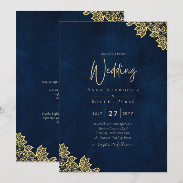 Gold Lace Navy Blue All-in-1 Wedding Invites QR Co (Front/Back)