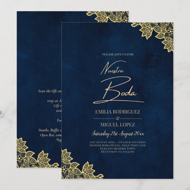 Gold Lace Navy Blue All-in-1 Wedding Invites QR Co (Front/Back)