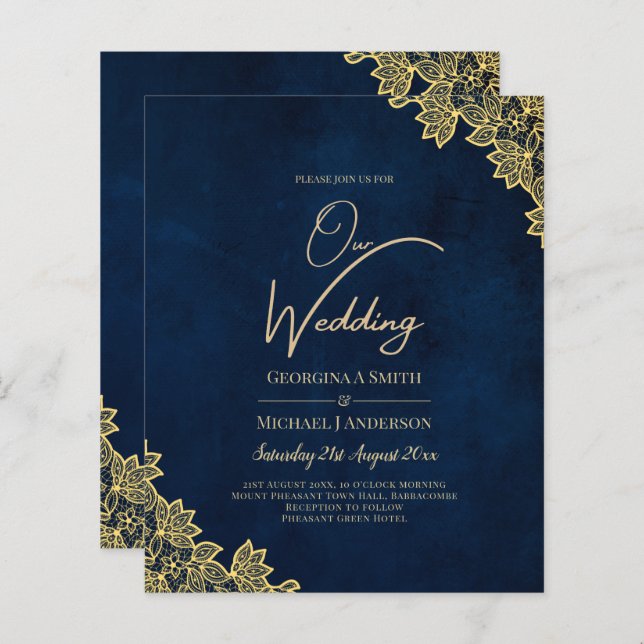 Gold Lace Navy Blue All-in-1 Wedding Invites QR Co (Front/Back)
