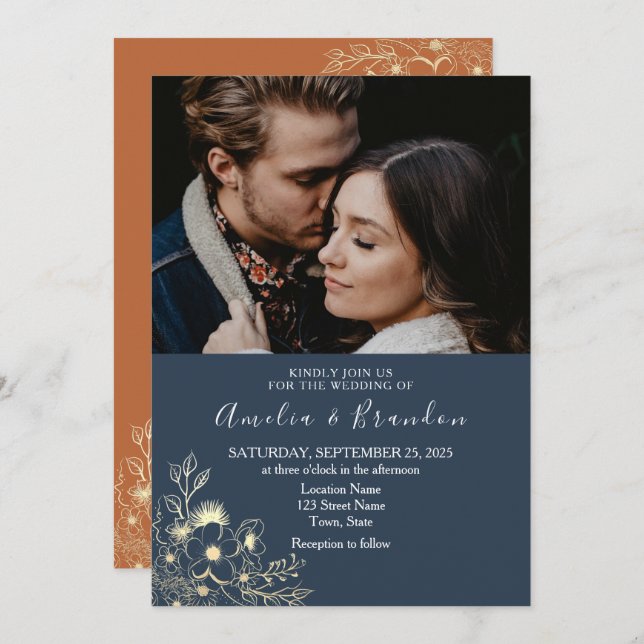 Gold Lace Navy Blue Wedding Invitation (Front/Back)