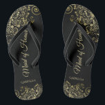 Gold Lace on Black Elegant Maid of Honour Wedding Flip Flops<br><div class="desc">These beautiful wedding flip flops are a great way to thank and recognize your Maid of Honour while saving her feet at the same time. Features an elegant design with golden lace frills on a black background and fancy gold coloured script lettering. The test reads Maid of Honour with her...</div>