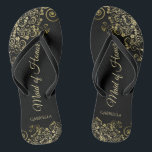 Gold Lace on Black Elegant Maid of Honour Wedding Flip Flops<br><div class="desc">These beautiful wedding flip flops are a great way to thank and recognize your Maid of Honour while saving her feet at the same time. Features an elegant design with golden lace frills on a black background and fancy gold coloured script lettering. The test reads Maid of Honour with her...</div>