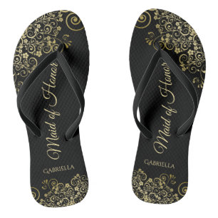 Gold Lace on Black Elegant Maid of Honour Wedding Flip Flops