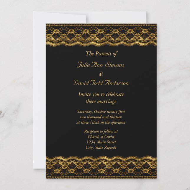 Gold lace on Black Wedding Invitation (Front)
